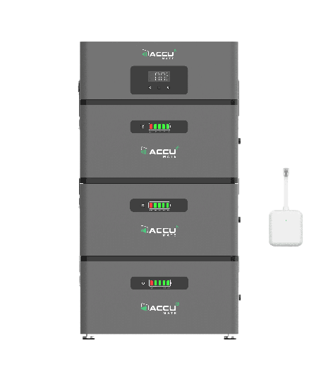 AccuMate 7,2 kWh systeemopstelling met de basisunit, drie batterijmodules en de P1-meter