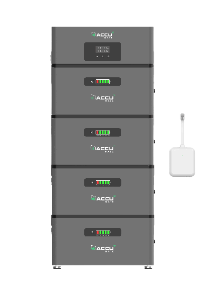 AccuMate 9,6 kWh systeemopstelling met de basisunit, vier batterijmodules en de P1-meter
